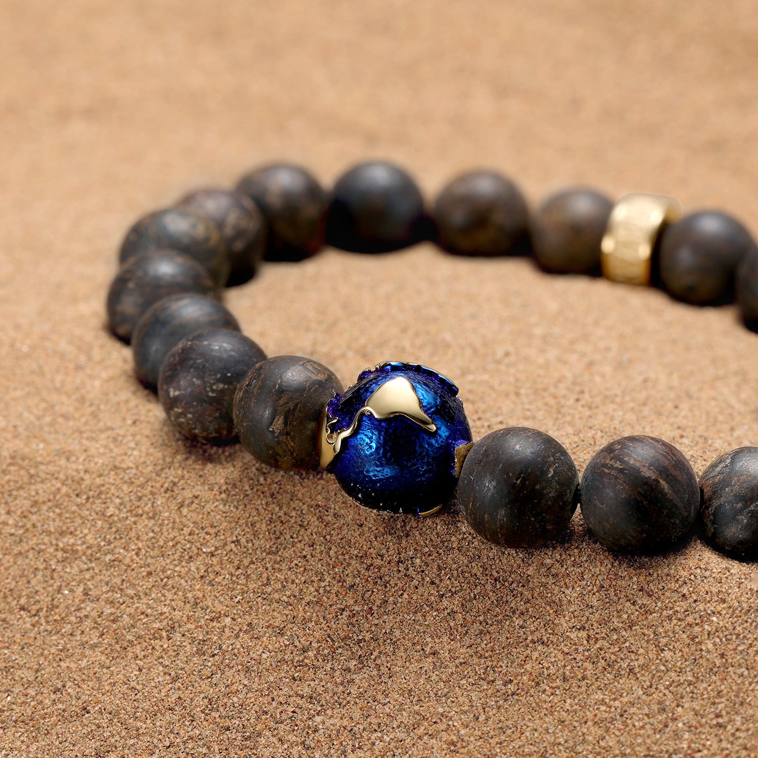 KINGKA Bronzite Stone Bead Bracelet, Gold Blue, The Earth - KINGKA Jewelry