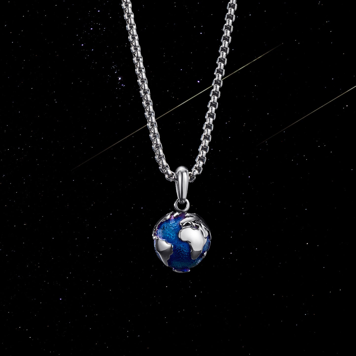 KINGKA Stainless Steel World Map Pendant Necklace, Blue Silver