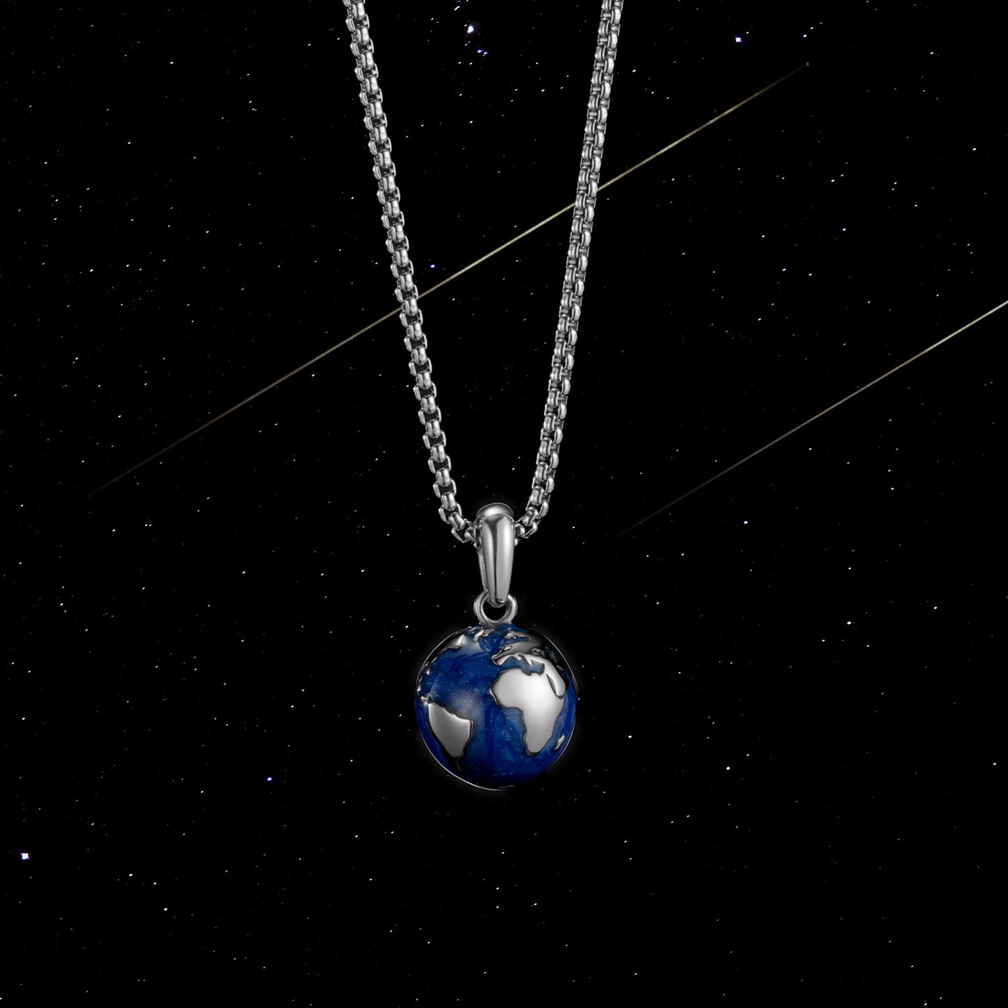 KINGKA Stainless Steel World Map Pendant Necklace, Silver Blue