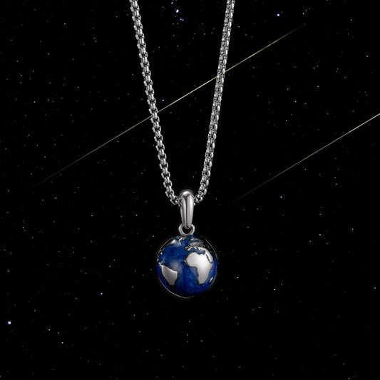 KINGKA Stainless Steel World Map Pendant Necklace, Silver Blue