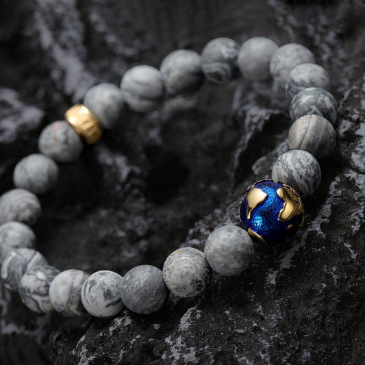 KINGKA Grey Jasper Bead Bracelet, Gold Blue, The Earth - KINGKA Jewelry