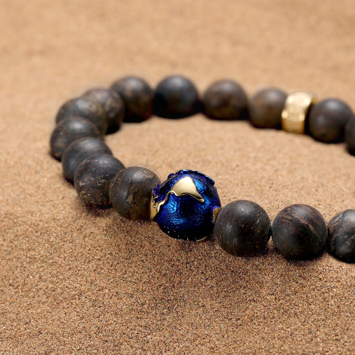 KINGKA Bronzite Bracelet Beaded Globe Gold Jewelry Stone Map Blue KINGKA – Plating