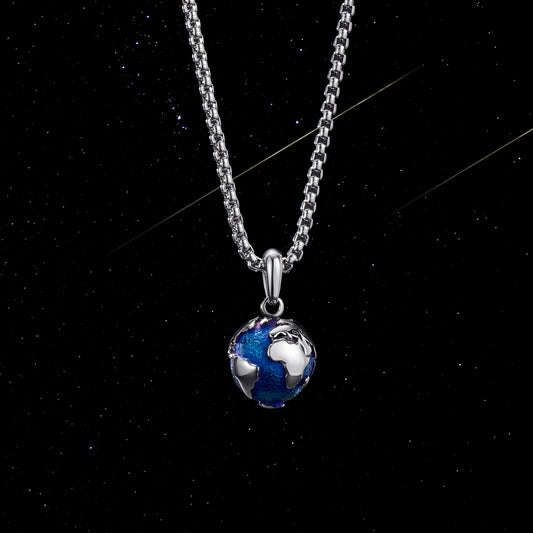 KINGKA Stainless Steel World Map Pendant Necklace, Blue Silver