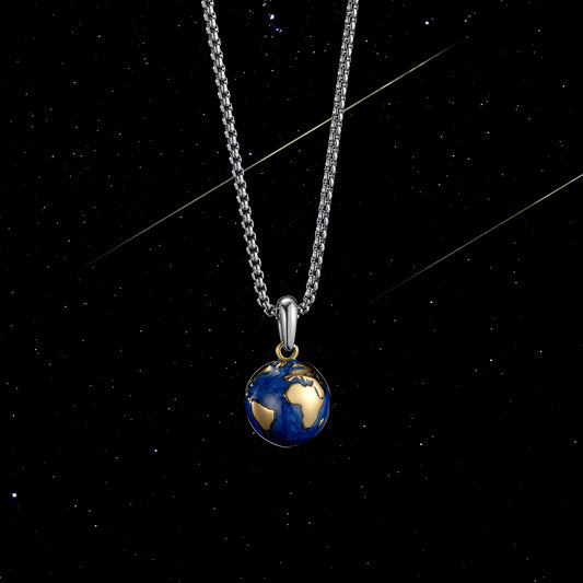 KINGKA Stainless Steel World Map Pendant Necklace, Gold Blue
