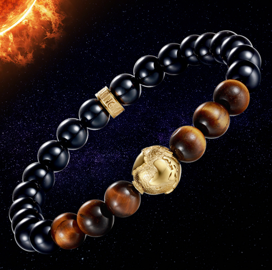 KINGKA Natural Tiger Eye Black Onyx Stone Bracelet with 316 Stainless Steel Earth Accessory