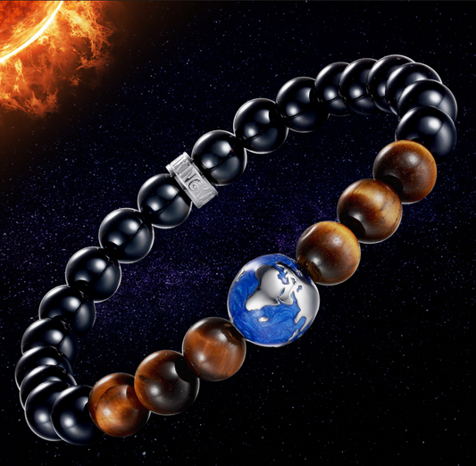 KINGKA Natural Tiger Eye Black Onyx Stone Bracelet with 316 Stainless Steel Earth Bead