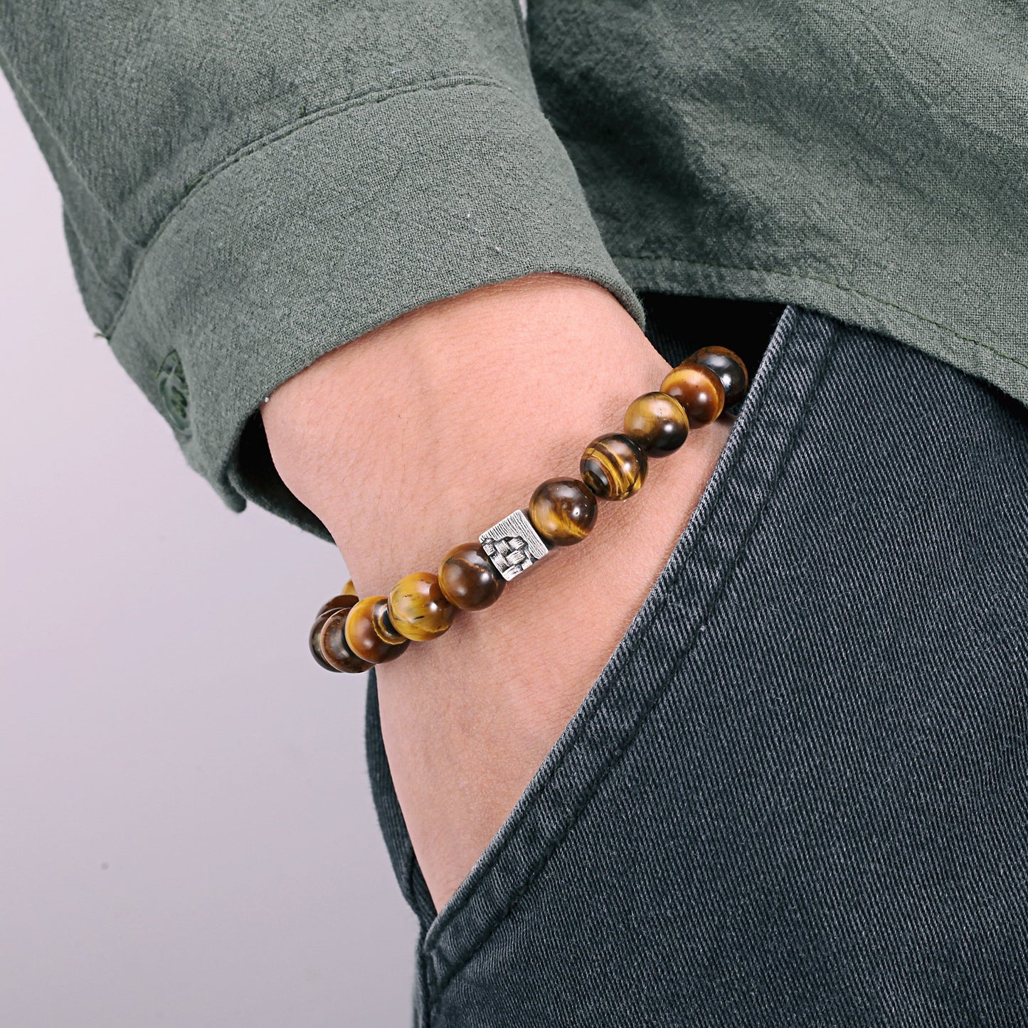 Men's Wristband with Tiger Eye, Woven Cube - KINGKA Jewelry