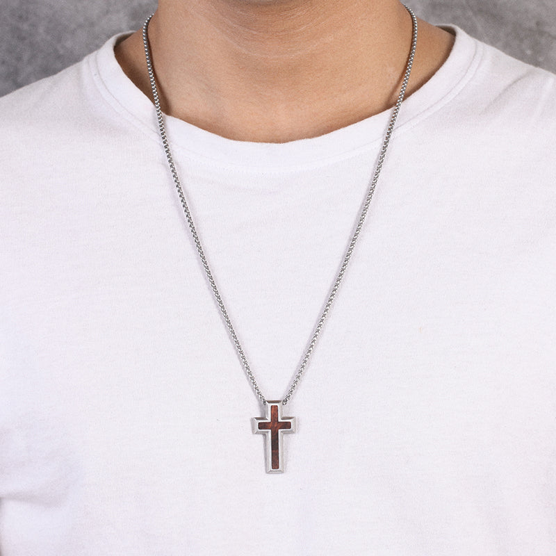 Men's Cross Necklace Wood Inlay - KINGKA Jewelry