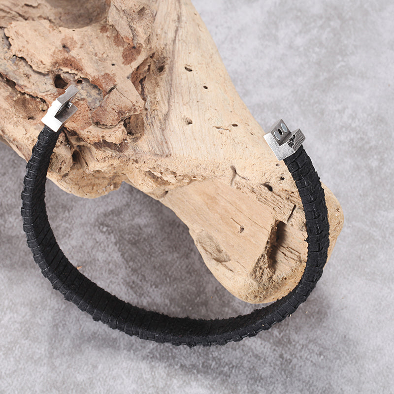 Men's Leather Bracelet with Woven Snap - KINGKA Jewelry