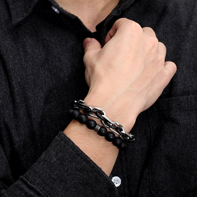 Men's Stacking Bracelet with Onyx, Chain - KINGKA Jewelry