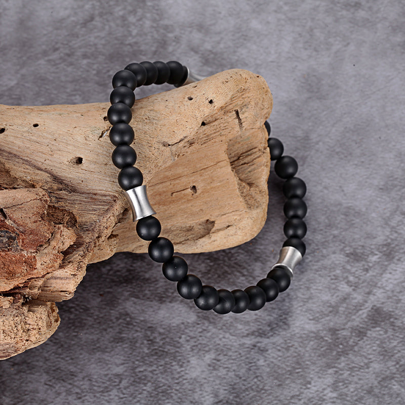 Men's Wristband with Onyx, Stainless Steel Tube - KINGKA Jewelry