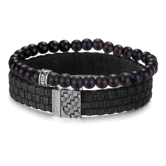 Men's Stacking Bracelet with Stones, Leather, Woven Lock - KINGKA Jewelry