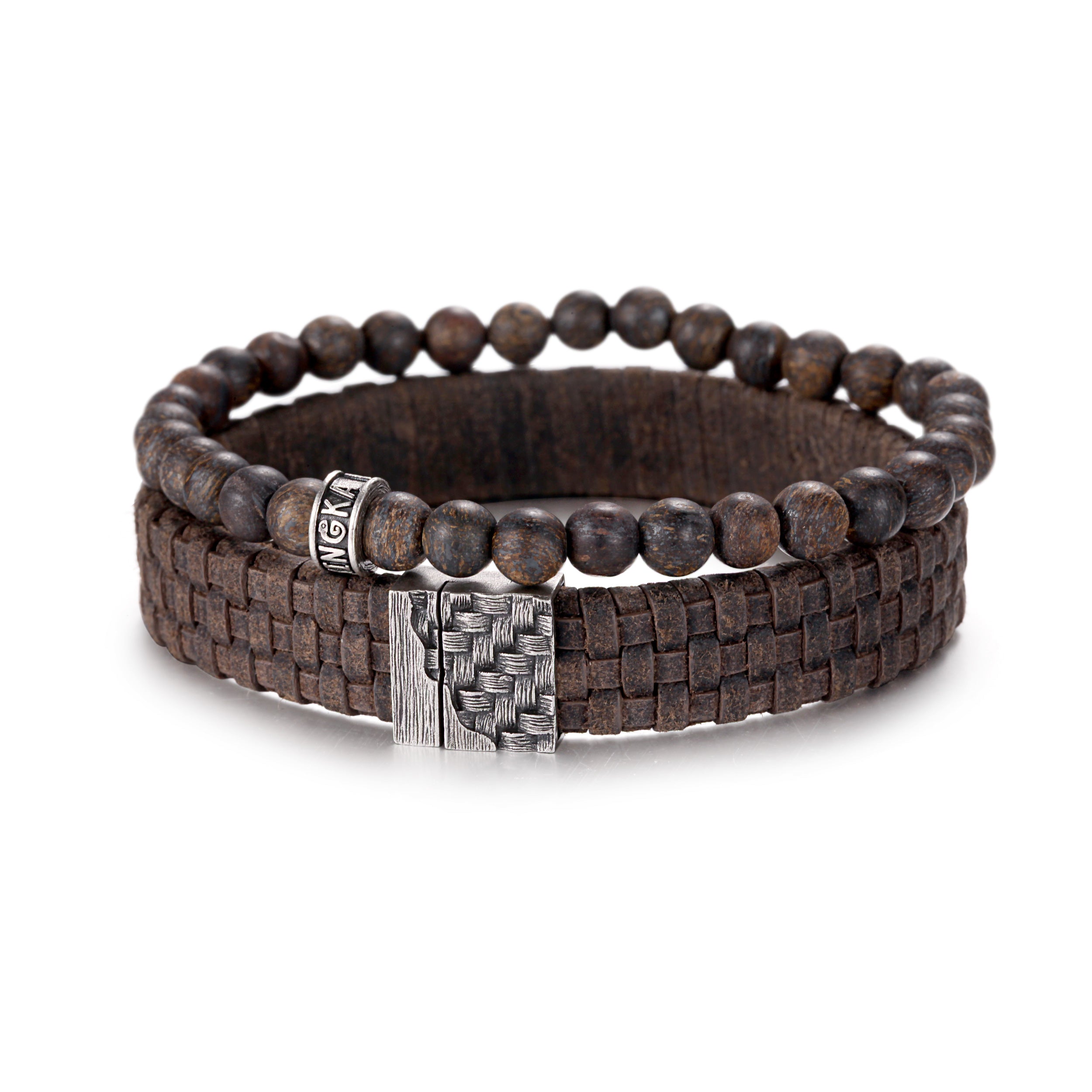 BACKBONE Mens Bracelet Stack Leather & Steel w/ Carbon Graphite Beads