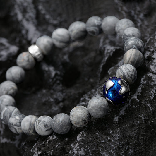 KINGKA Natural Grey Jasper Bead Bracelet with 316 Stainless Steel Earth Accessory